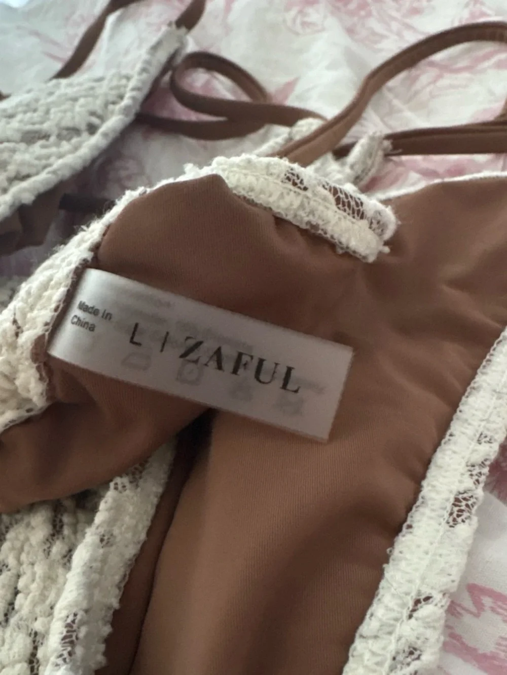 Zaful Cream & Brown Crochet Triangle Bikini Set